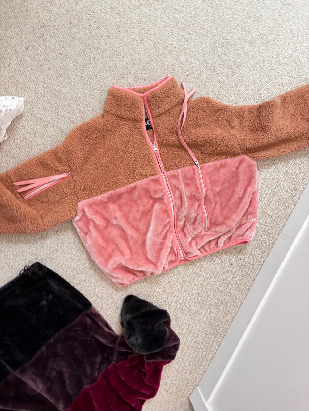 UGG Pink Faux-Shearling Coat with Tan Trim